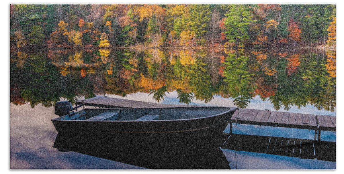 Wisconsin Hand Towel featuring the photograph Fishing Boat on Mirror Lake by Rikk Flohr