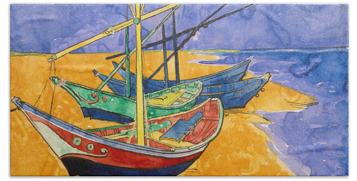 Vincent Van Gogh Hand Towel featuring the painting Fishing Boats on the Beach at Saintes Maries de la Mer by Vincent Van Gogh