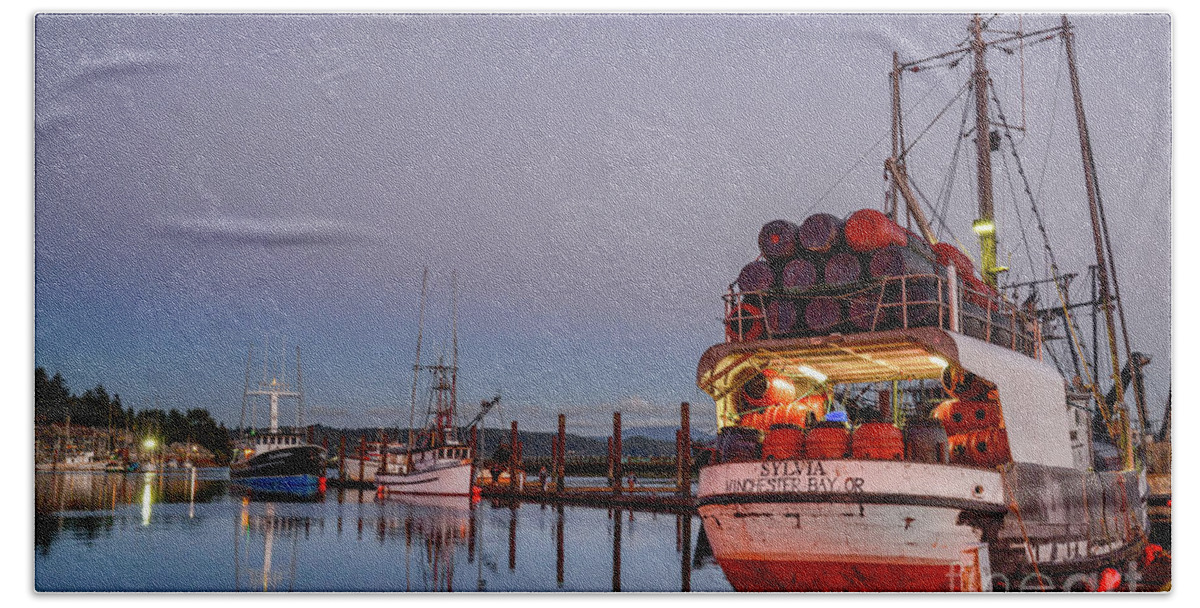 Fish Hand Towel featuring the photograph Fishing boats waking up for the day by Paul Quinn