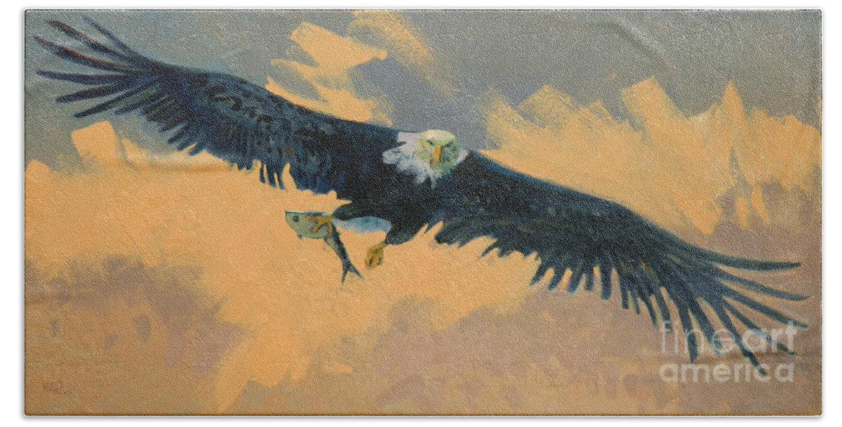 Bald Eagle Hand Towel featuring the painting Fishing Eagle by Donald Maier