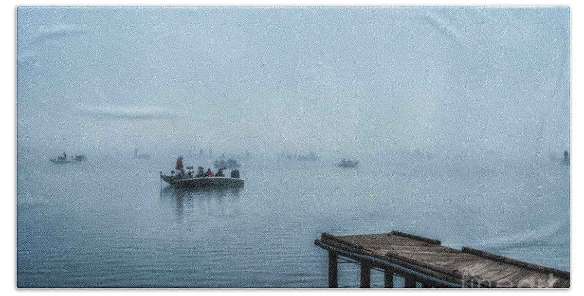 Fishing Hand Towel featuring the photograph Fishing in the Fog Summersville Lake by Thomas R Fletcher