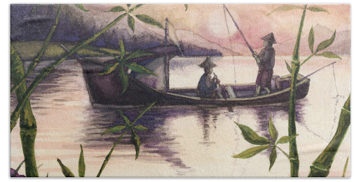 Fishing Bath Towel featuring the painting Fishing In The Sunset  by Alban Dizdari