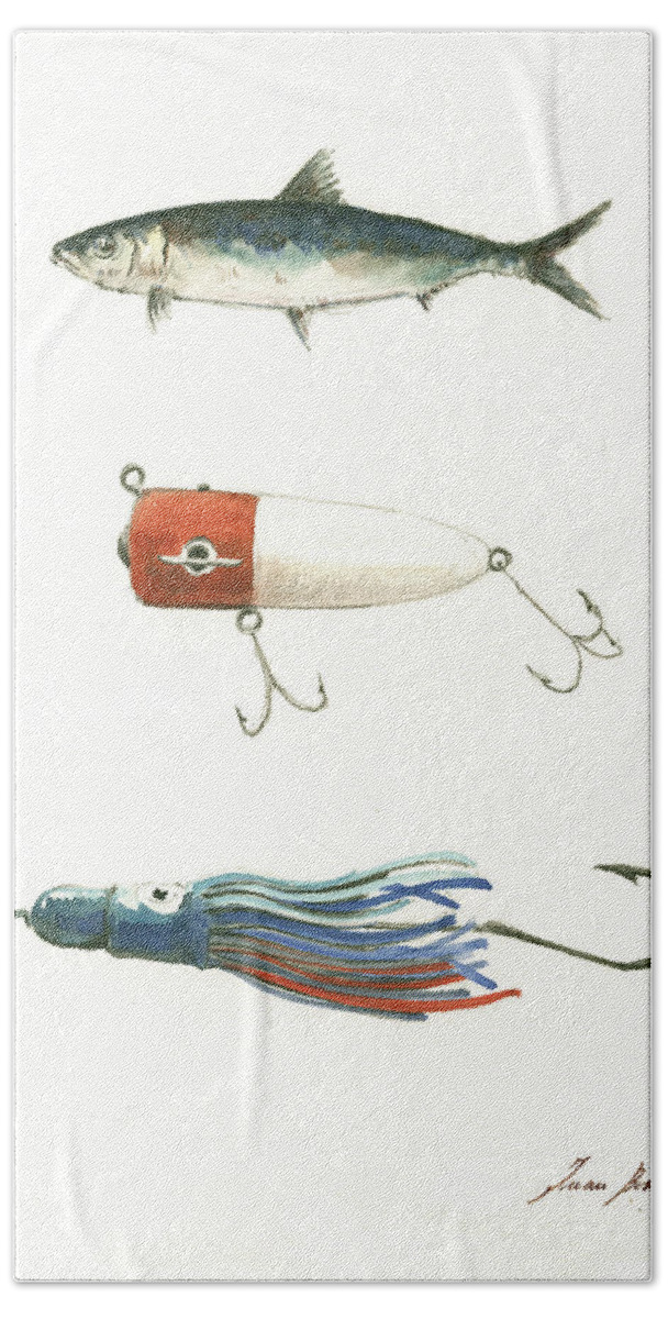 Saltwater Fishing Lures Hand Towel featuring the painting Fishing lures by Juan Bosco