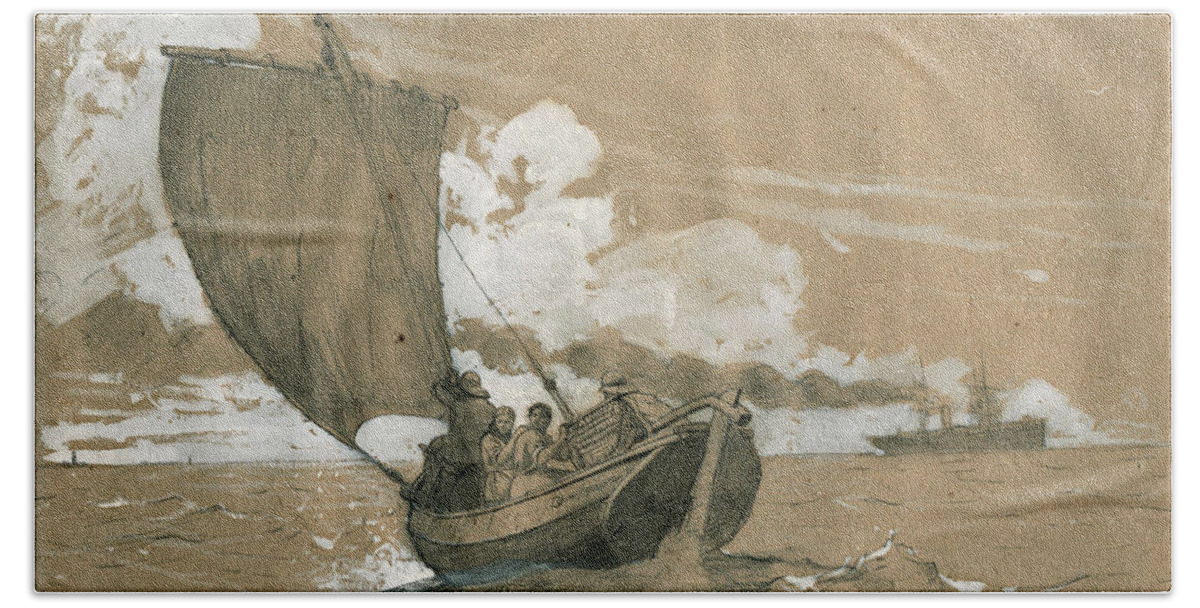 Winslow Homer Bath Towel featuring the glass art Fishing off Scarborough by Winslow Homer