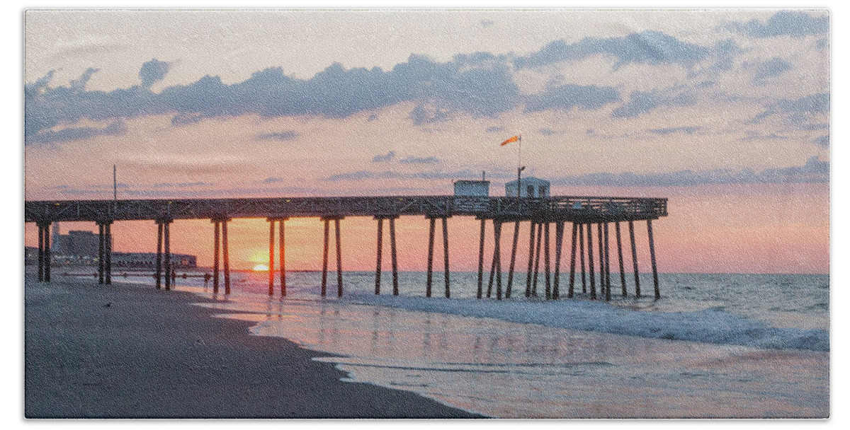 Ocean City New Jersey Hand Towel featuring the photograph Fishing Pier at Sunrise in Ocean City New Jersey by Photographic Arts And Design Studio