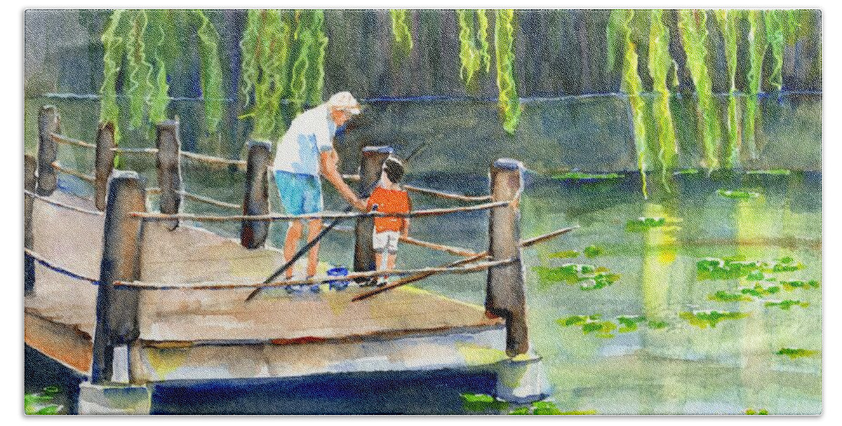 Grandfather And Grandson Hand Towel featuring the painting Fishing with Grandpa by Carlin Blahnik CarlinArtWatercolor