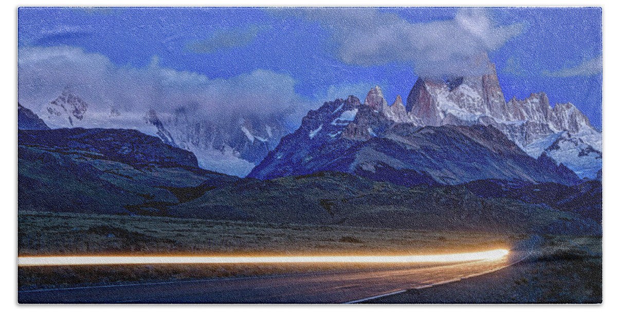 Patagonia Bath Towel featuring the photograph Fitz Roy and Car Lights by Stuart Litoff
