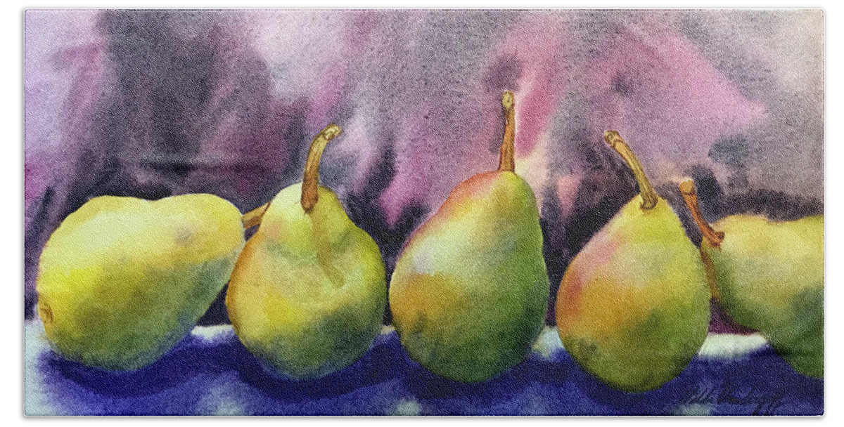 Pears Bath Towel featuring the painting Five Pears by Hilda Vandergriff