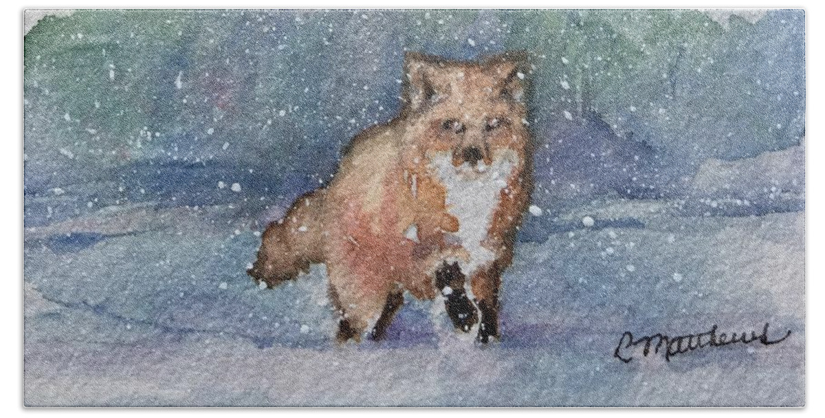 Christmas Cards By Rebecca Matthews Bath Towel featuring the painting Fox in snow by Rebecca Matthews