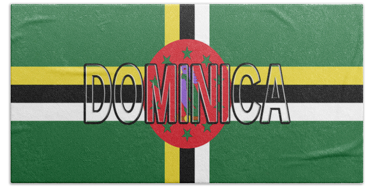 Dominica Bath Towel featuring the digital art Flag of Dominica Word by Roy Pedersen