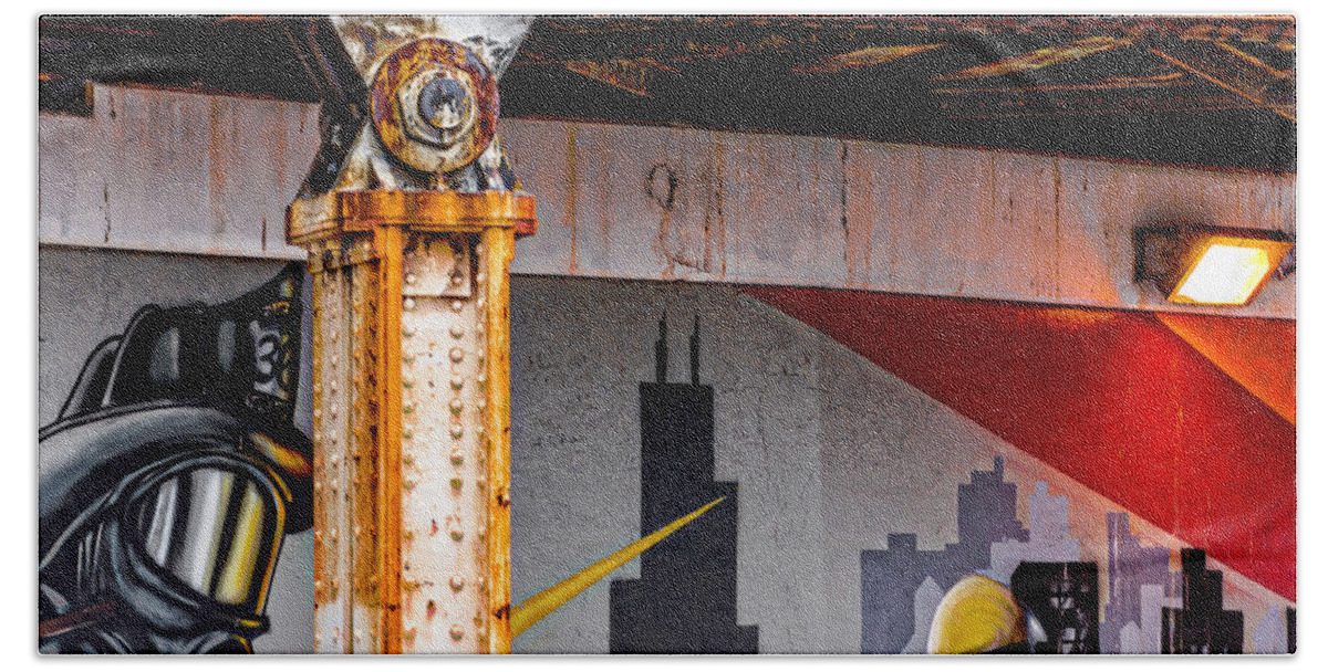 #chicago #architecture #downtown #abstract #design #art #photography #design #abstractarchitecturalphotography #firefighters #fireman Bath Towel featuring the photograph FlairMax Industries Sponsors 2010 Chicago Fireman Mural v5 DSC_0613 by Raymond Kunst