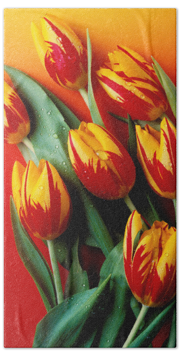Tulip Bath Towel featuring the photograph Flame tulips by Garry Gay