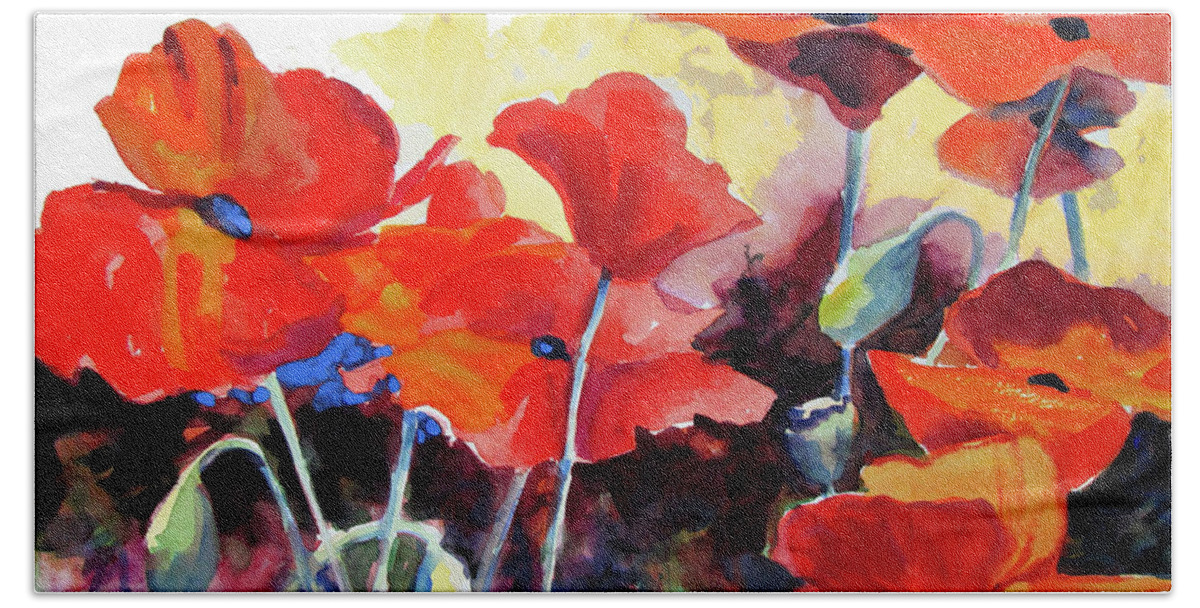 Paintings Hand Towel featuring the painting Flaming Poppies by Kathy Braud