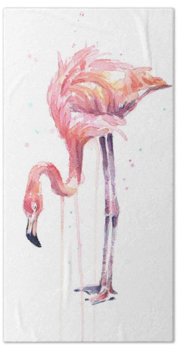 Watercolor Flamingo Hand Towel featuring the painting Flamingo Illustration Watercolor - Facing Left by Olga Shvartsur
