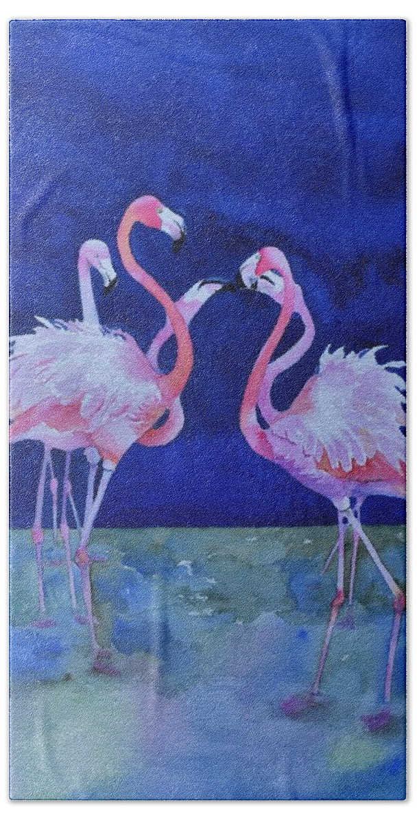 Flamingo Hand Towel featuring the painting Flamingo Lingo by Celene Terry