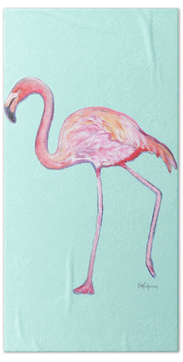 Flamingo On Mint Background Bath Towel featuring the painting Flamingo on Mint Background by Kristen Abrahamson