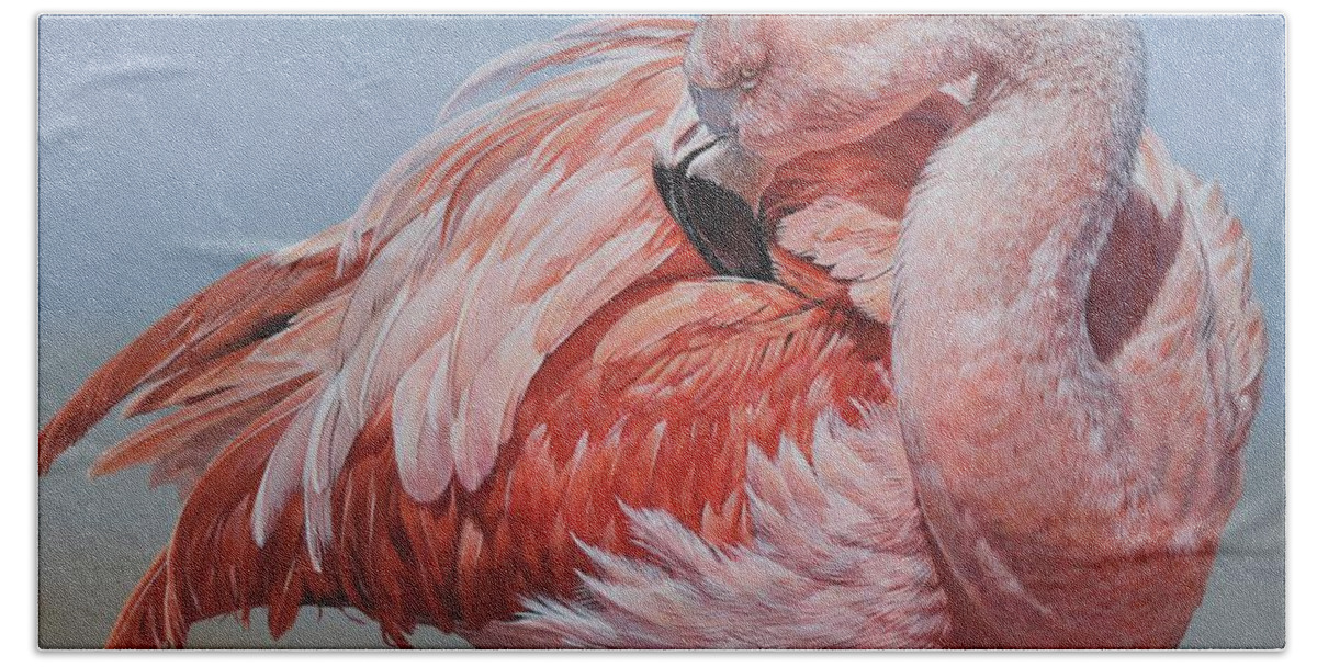 Wildlife Paintings Bath Towel featuring the painting Flamingo Preening by Alan M Hunt