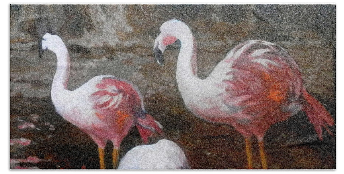 Flamingos Bath Towel featuring the painting Flamingos Atlanta Zoo by Martha Tisdale