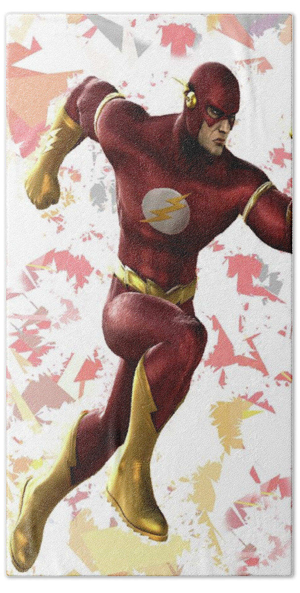 Flash Hand Towel featuring the mixed media Flash Splash Super Hero Series by Movie Poster Prints
