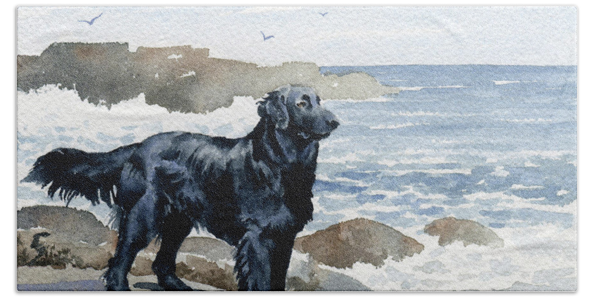 Flat Coated Hand Towel featuring the painting Flat Coated Retriever at the Beach by David Rogers
