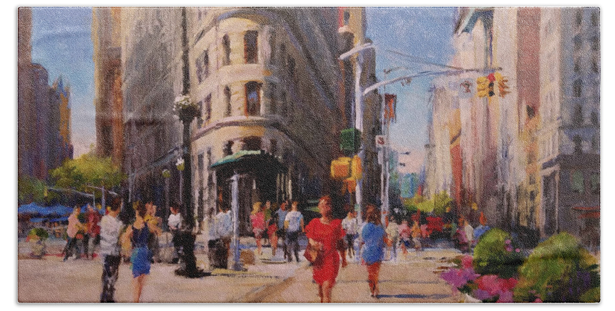 Landscape Bath Towel featuring the painting Flatiron Plaza, Summer Morning by Peter Salwen