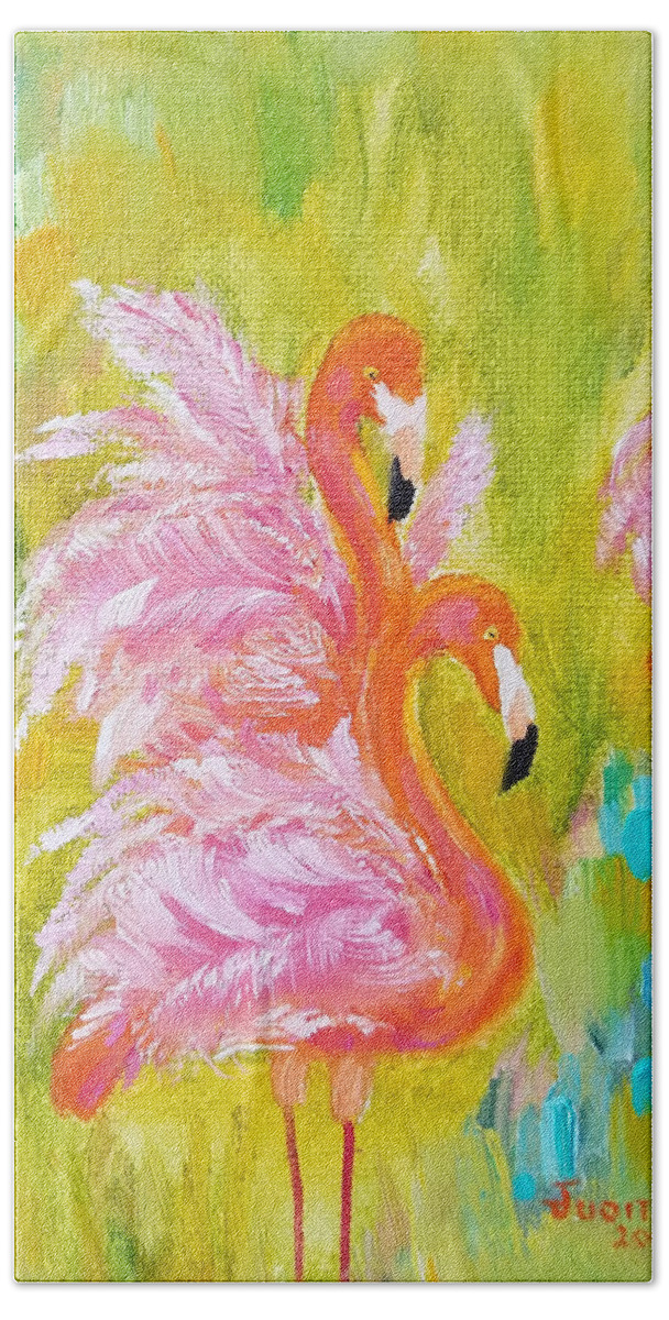 Flamingo Hand Towel featuring the painting Flaunting Feathers by Judith Rhue