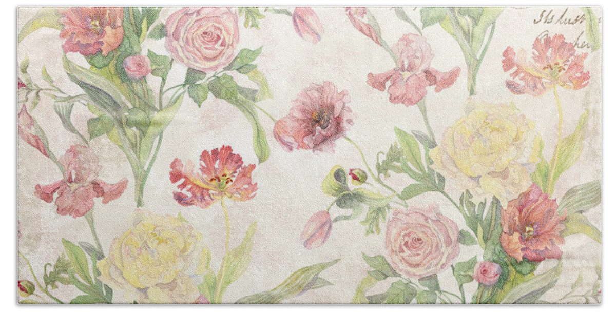 Peony Bath Towel featuring the painting Fleurs de Pivoine - Watercolor in a French Vintage Wallpaper Style by Audrey Jeanne Roberts