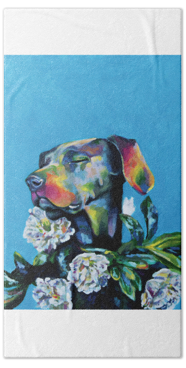 Dog Hand Towel featuring the painting Fleur's Moment by Arleana Holtzmann