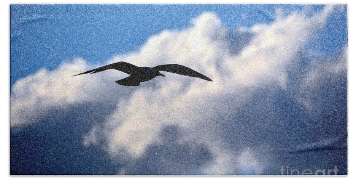 Upwards Bath Towel featuring the photograph Flight of the Seagull by Lisa Kilby