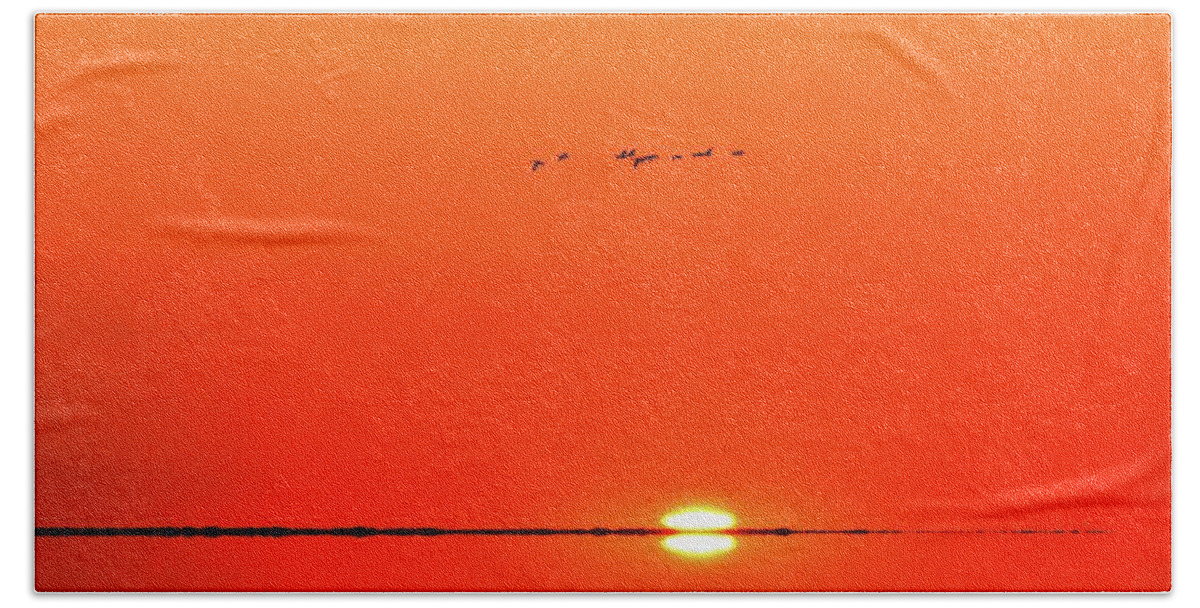 Abstract Bath Towel featuring the digital art Flock Of Geese Flying Over The Sunrise Two by Lyle Crump