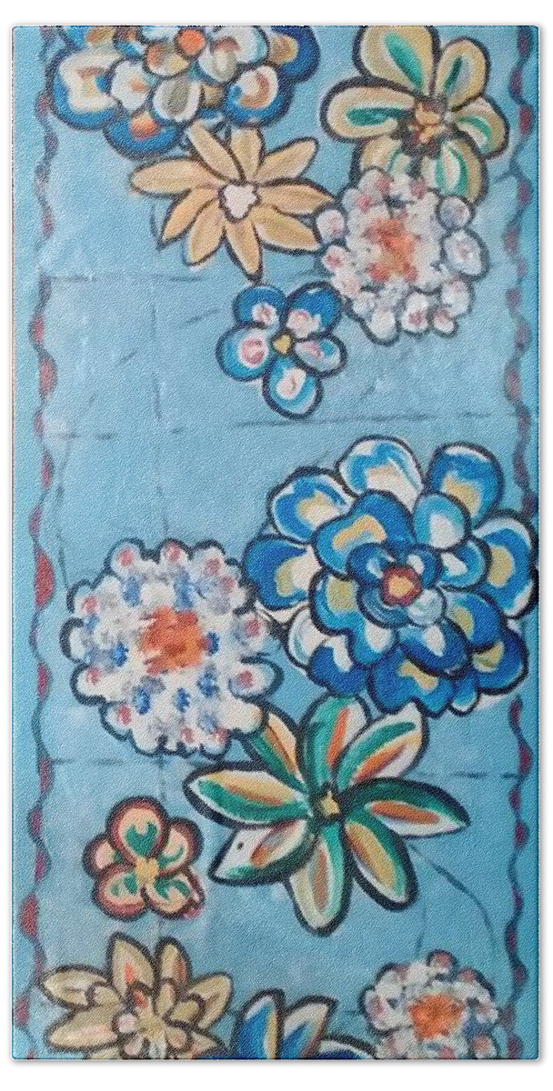 Light Blue Hand Towel featuring the painting Floor Cloth Blue Flowers by Judith Espinoza