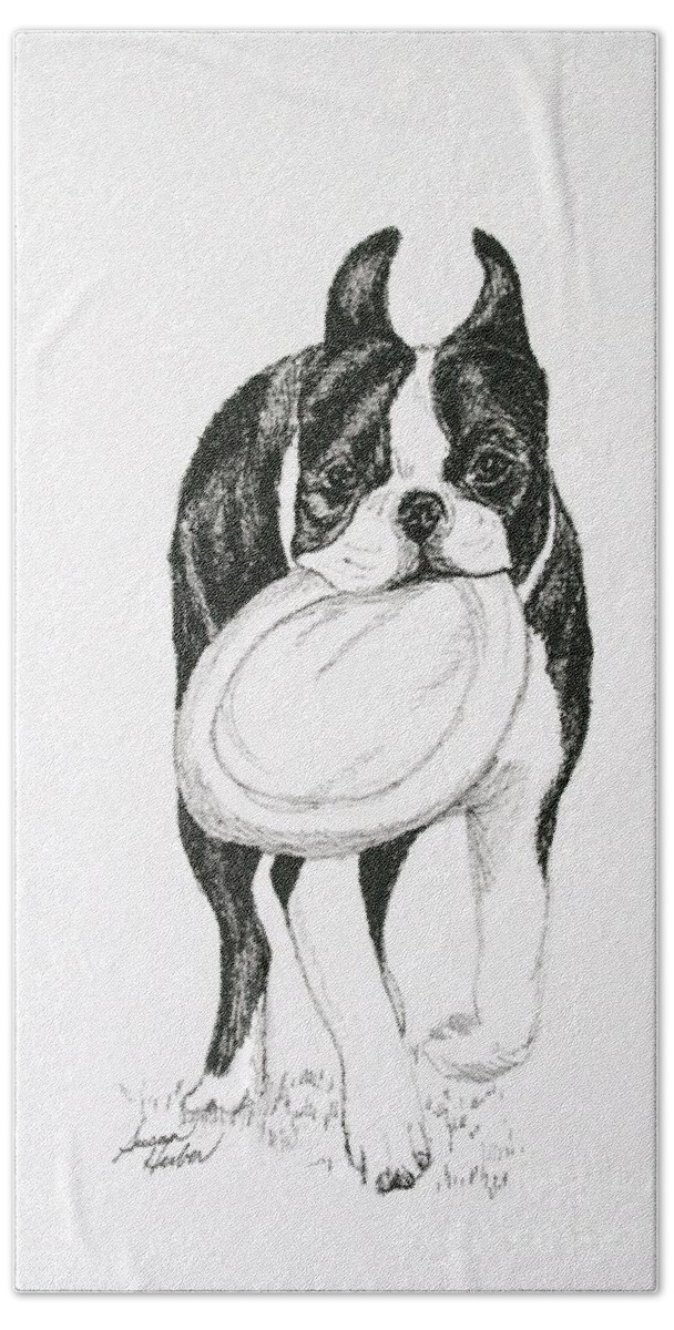 Boston Terrier Bath Sheet featuring the drawing Floppy Disk by Susan Herber