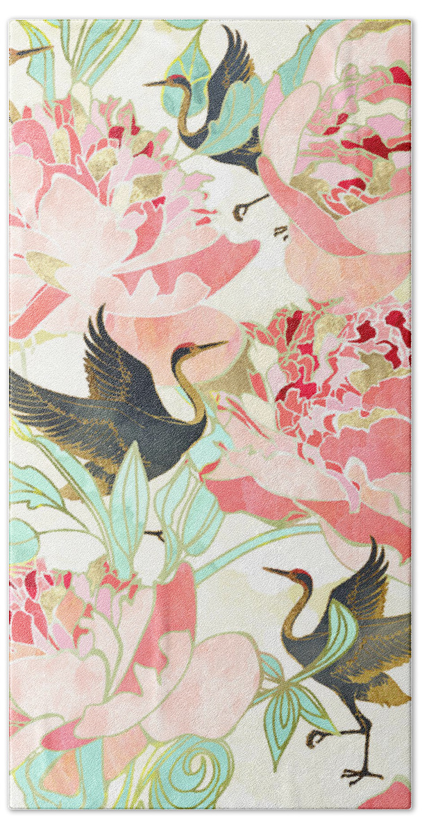 Floral Bath Sheet featuring the digital art Floral Cranes by Spacefrog Designs