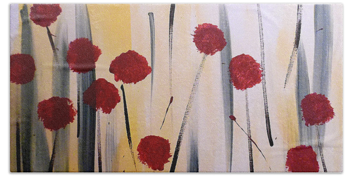 Abstract Red Flowers Hand Towel featuring the painting Floral Fireworks by Jilian Cramb - AMothersFineArt