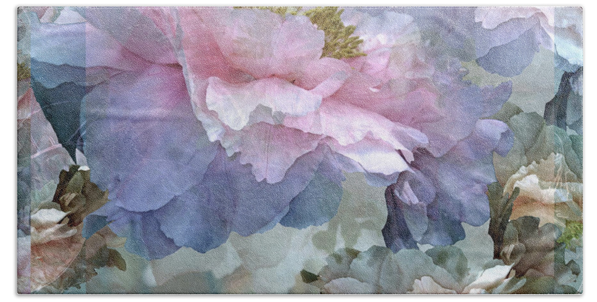 Peony Fantasies Bath Towel featuring the mixed media Floral Potpourri with Peonies 24 by Lynda Lehmann