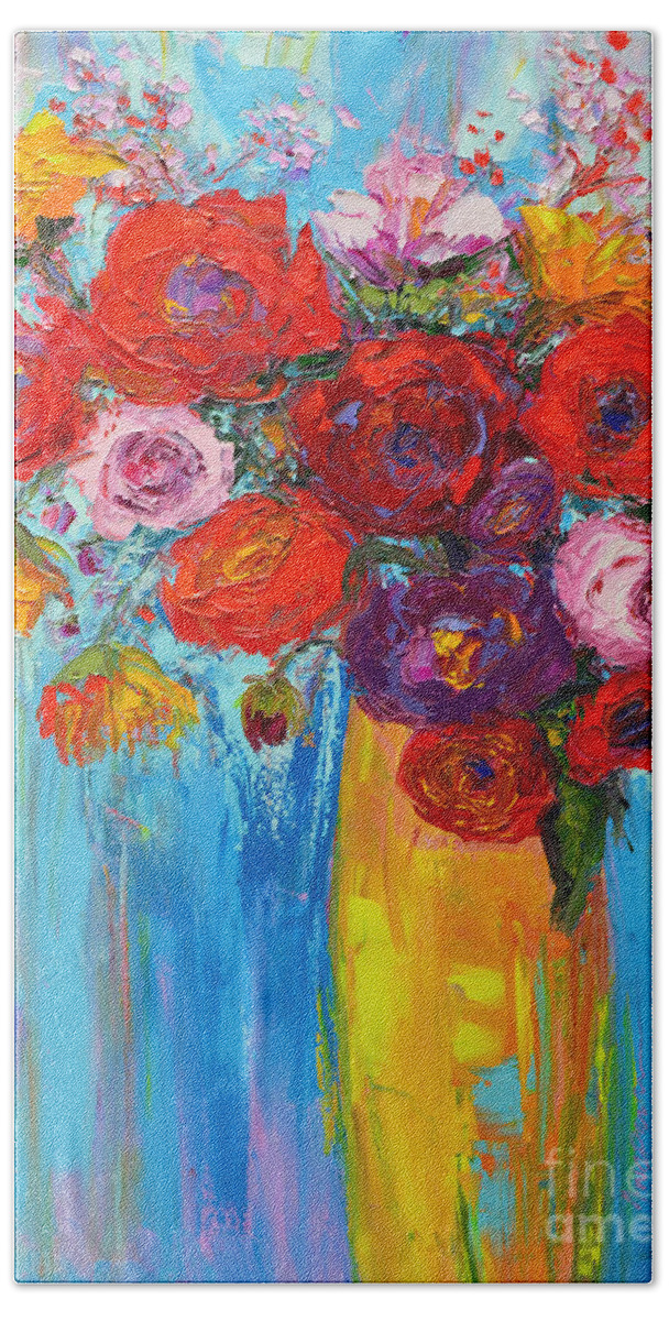 Wild Roses Painting Bath Towel featuring the painting Wild Roses and Peonies, Original Impressionist Oil Painting by Patricia Awapara