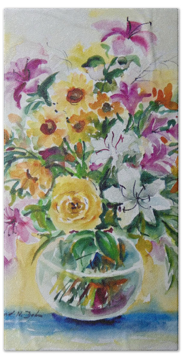 Flowers Hand Towel featuring the painting Floral Still Life Yellow Rose by Ingrid Dohm