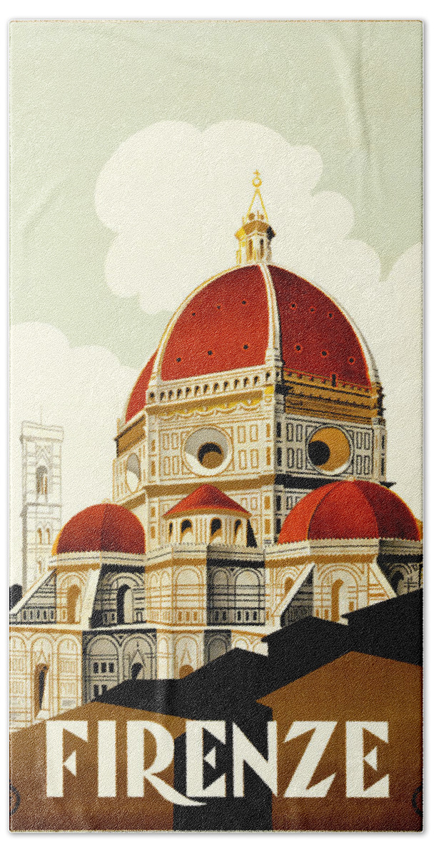 Vintage; Illustration; Lithograph; Travel; Poster; Architecture; Nobody; Dome; Florence; Duomo; Santa Maria Del Fiore; Landmark; Italian; Italy Hand Towel featuring the painting Florence Travel Poster by Italian School