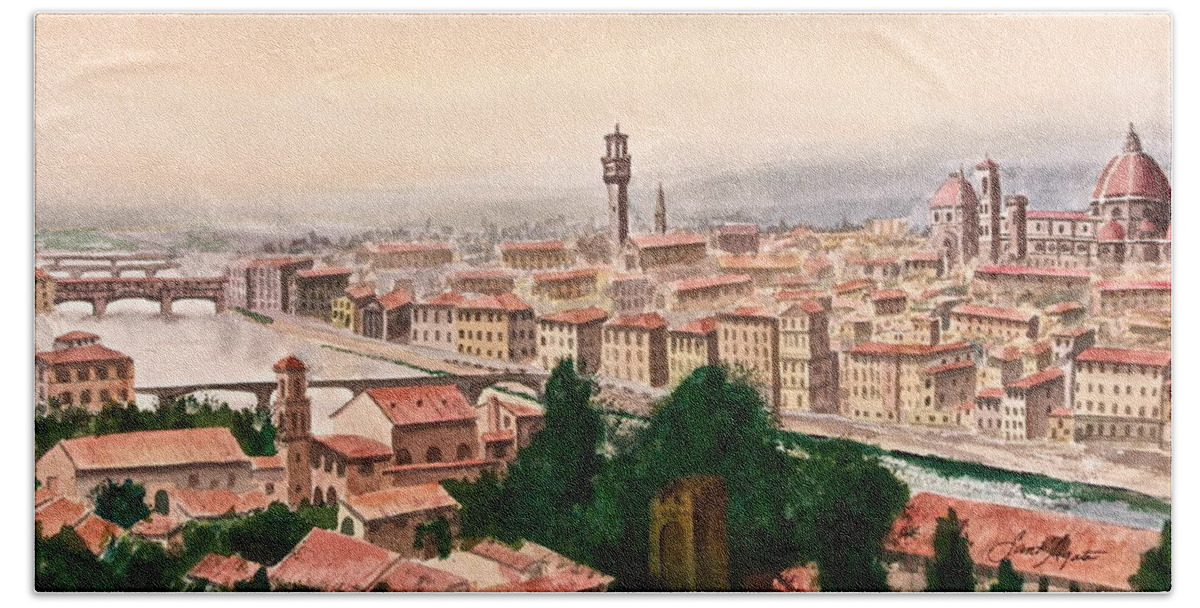 Florence Hand Towel featuring the painting Florentine Panorama by Frank SantAgata