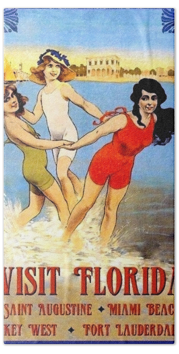 Florida Hand Towel featuring the painting Florida, Miami beach, three women play in the water by Long Shot