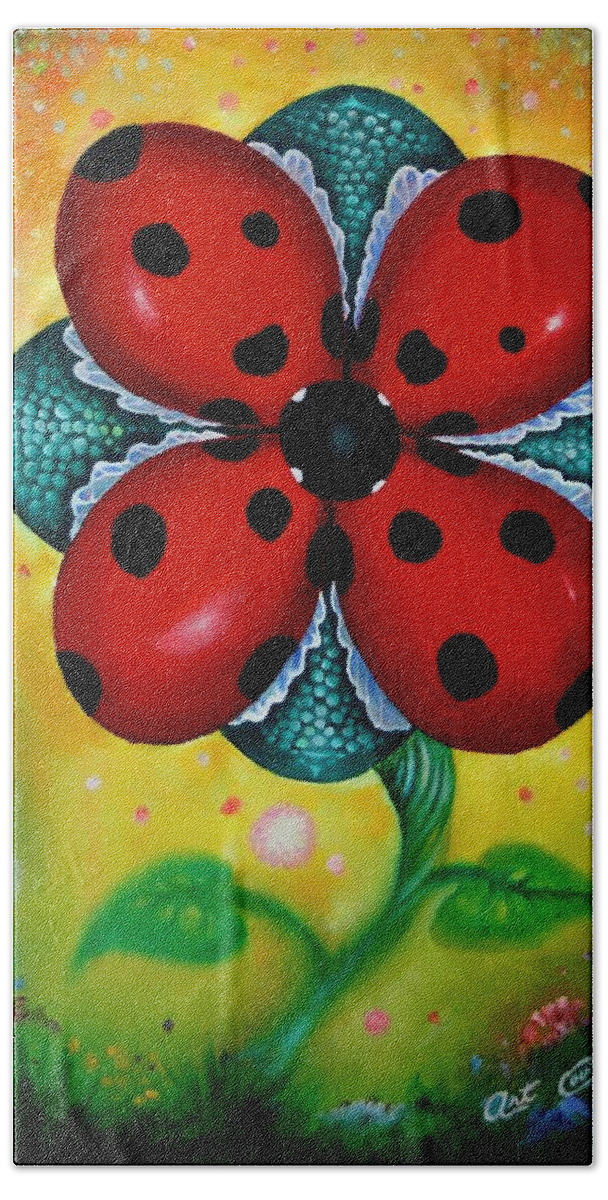 Lady Bugs Hand Towel featuring the painting Flower 4 Lady Bugs by Arthur Covington
