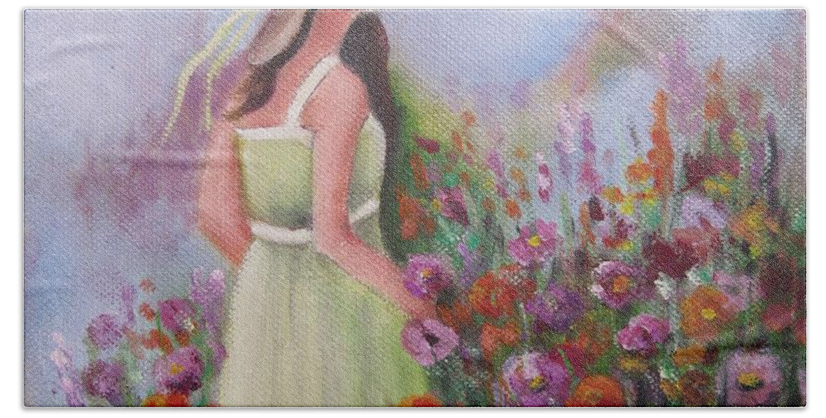 Flower Hand Towel featuring the painting Flower Garden by Vesna Martinjak