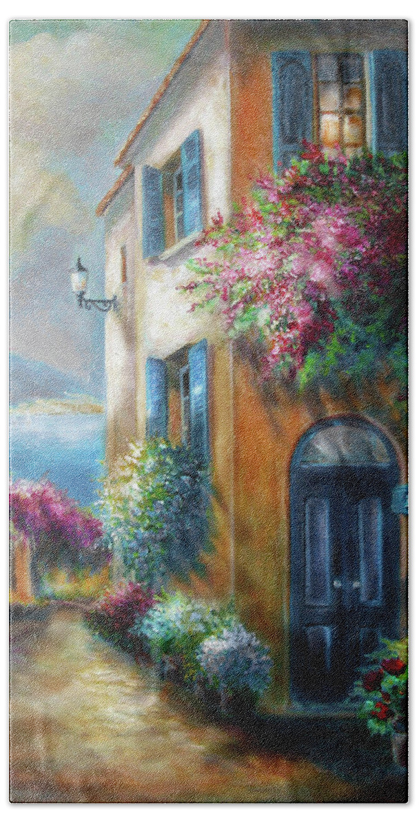 Painting Of Italy Bath Towel featuring the painting Flower shop by the Sea by Regina Femrite