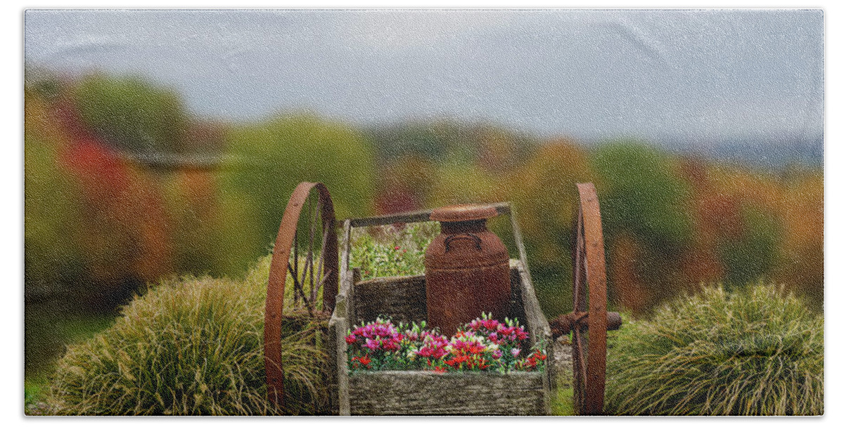 Vintage Cart Hand Towel featuring the photograph Flower Wagon by Mary Timman