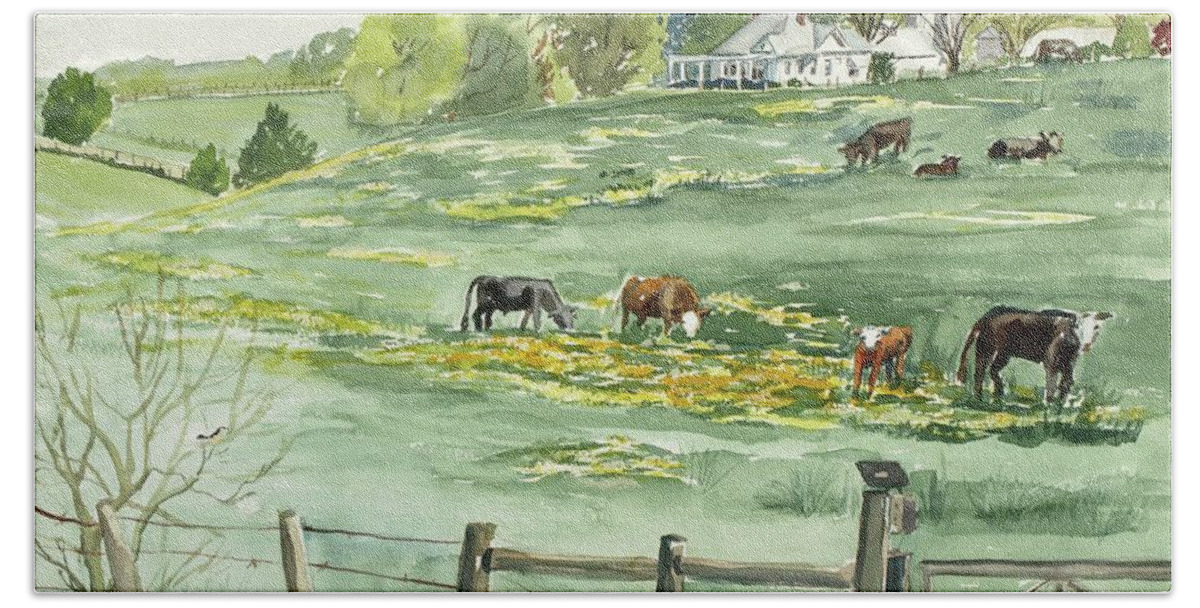 Cow Bath Towel featuring the painting Flowering Field and Grazing Cows by Judith Young