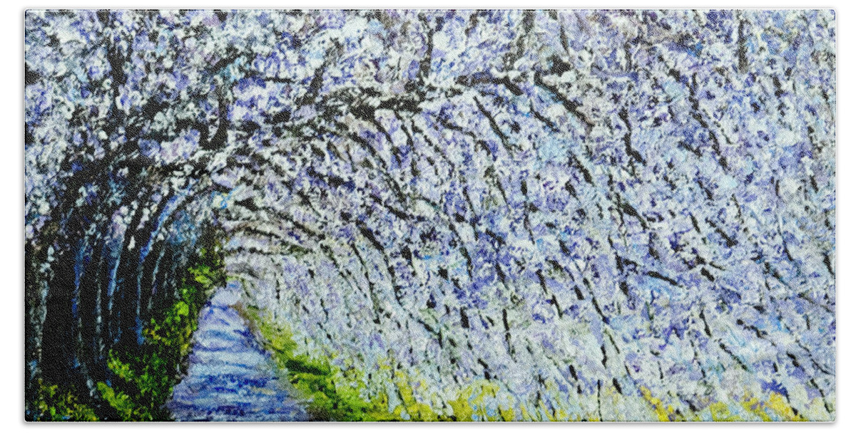 Impressionist Hand Towel featuring the painting Flowering Tree Lane by Terry R MacDonald