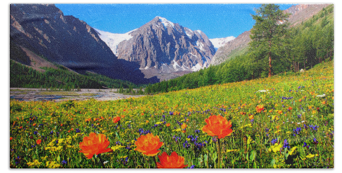 Russian Artists New Wave Bath Towel featuring the photograph Flowering Valley. Mountain Karatash by Victor Kovchin