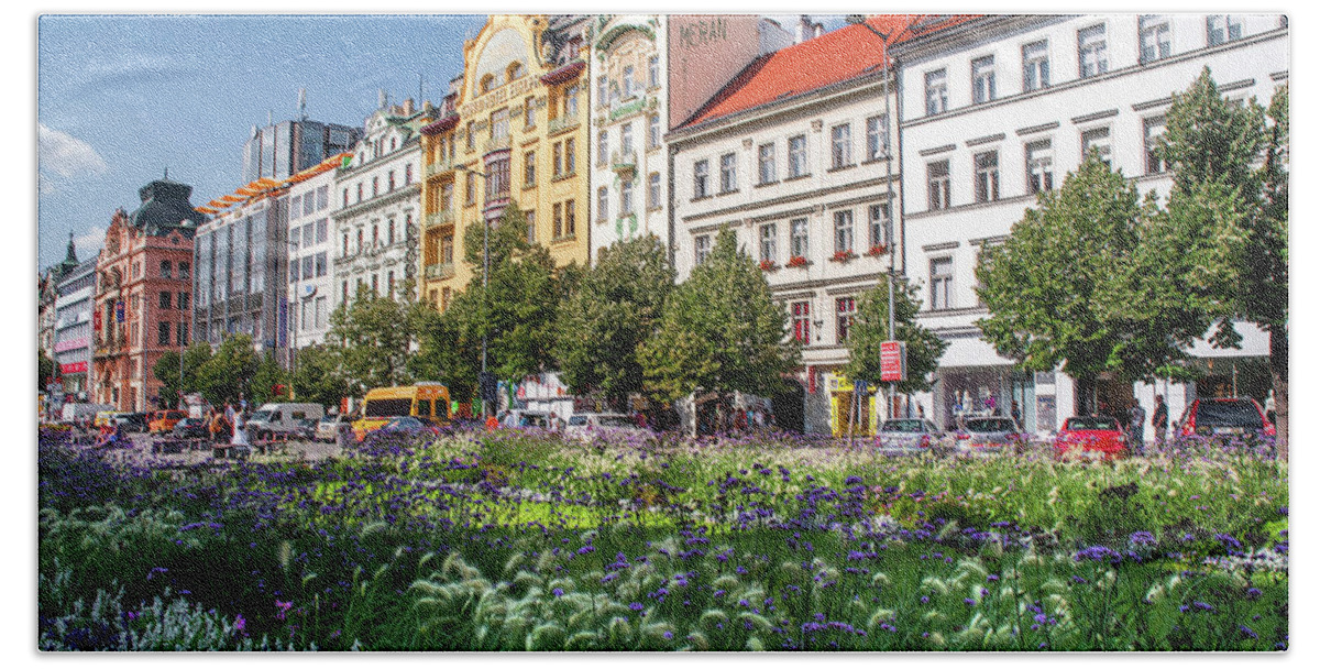Jenny Rainbow Fine Art Photography Bath Towel featuring the photograph Flowering Wenceslas Square in Prague by Jenny Rainbow