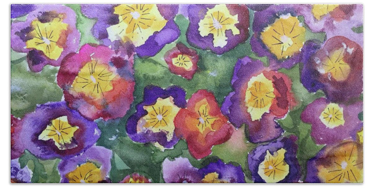 Floral Bath Sheet featuring the painting Pansy Party by Bonny Butler