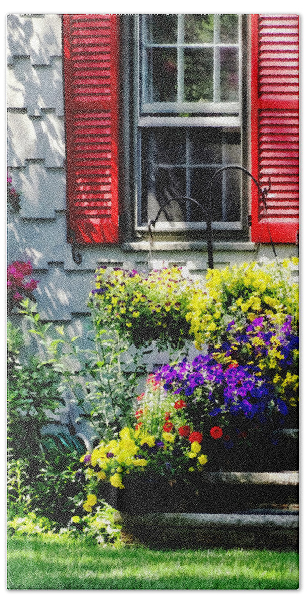 Shutters Bath Towel featuring the photograph Flowers and Red Shutters by Susan Savad